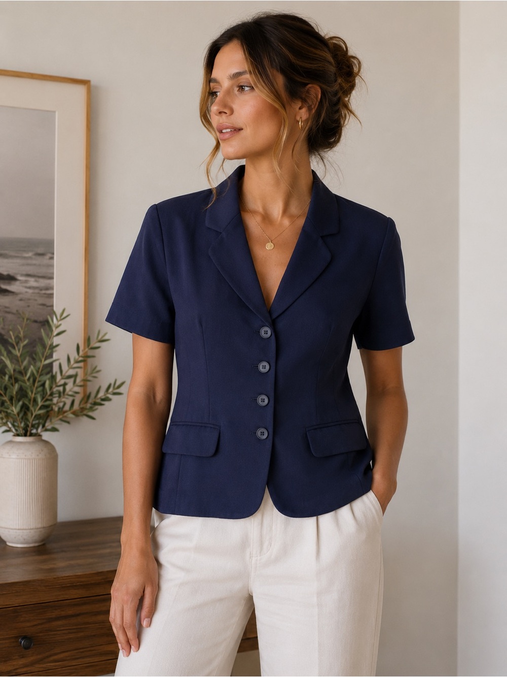 Flour Bleue Navy Blue Short Sleeve Blazer Size 10 Vintage Minimalist 90s Office